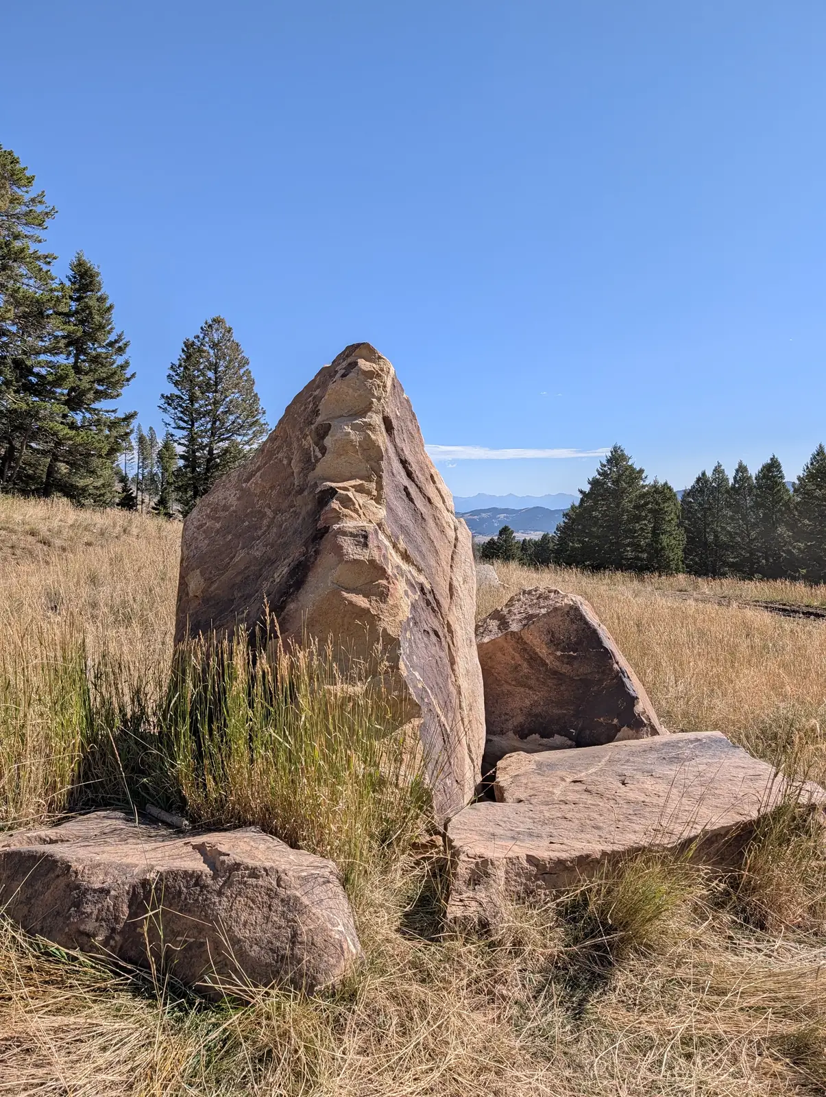 Sandstone outcropping in a meadow of golden grass near Bozeman, Montana