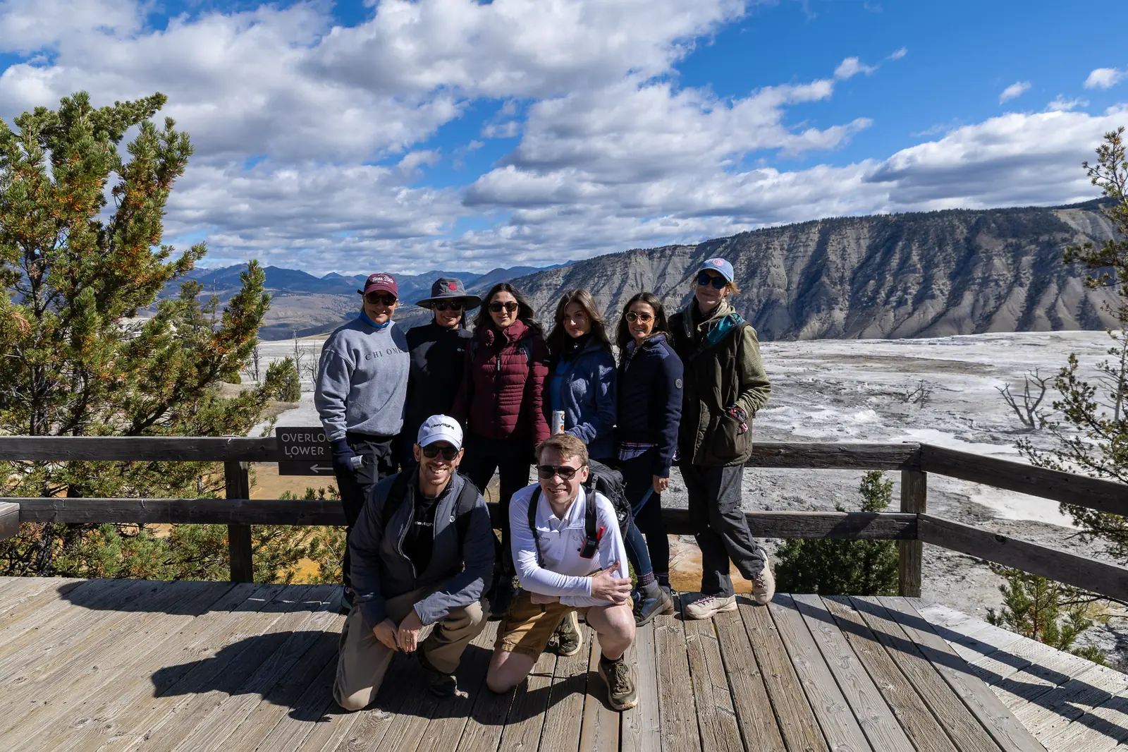 Retreat members on the boardwalk above the Mammoth Hot Springs terraces, Yellowstone