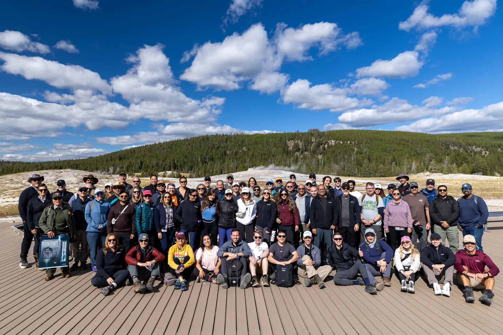The Fall 2026 cohort gathered on the boardwalk at Old Faithful, Yellowstone